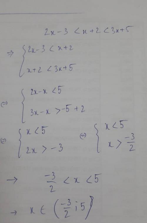 Solve the inequality 2x - 3 < x + 2 < 3x + 5 show all work. 
Someone pls help me