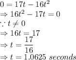 0 = 17t-16t^2\\\Rightarrow 16t^2-17t=0\\\because t\neq0\\\Rightarrow 16t=17\\\Rightarrow t=\dfrac{17}{16}\\\Rightarrow t =1.0625\ seconds