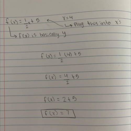What is the value of f(x)=1/2x+5 when x=4
