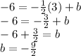 -6=-\frac{1}{2}(3)+b\\-6=-\frac{3}{2}+b\\-6+\frac{3}{2}=b \\b=-\frac{9}{2}
