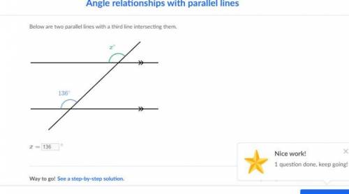 Below are two parallel lines with a third line intersecting them.

x =x=x, equals 
^\circ 
∘
degrees