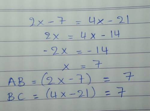 Find x AND the length of each side if ABC is an isosceles triangle with AB = BC . (Answers Rouen to