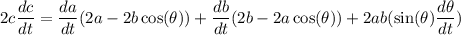 \displaystyle 2c\frac{dc}{dt}=\frac{da}{dt}(2a-2b\cos(\theta))+\frac{db}{dt}(2b-2a\cos(\theta))+2ab(\sin(\theta)\frac{d\theta}{dt})