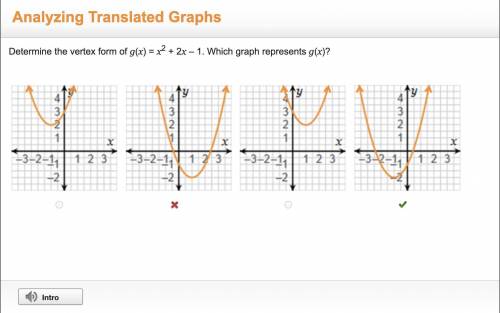 Determine the vertex form of g(x) = x2 + 2x – 1. Which graph represents g(x)? On a coordinate plane,