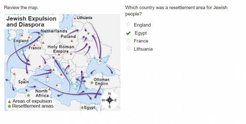 Review the map. Which country was a resettlement area for Jewish people? England Egypt France Lithua