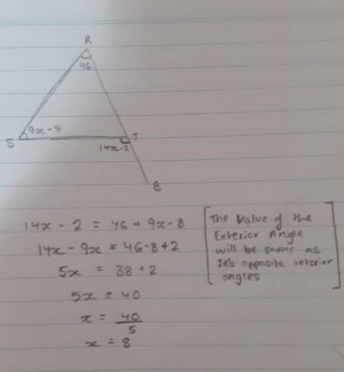 What is the value of x is the image below?
R=46°
14x - 2
9x-2 help???
