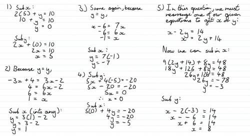 Question 1 
Solve using substitution.
2x+y=10
x=5
options:
(5, 10)
(5, 0)
(10, 5)
(0, 5)
Question 2