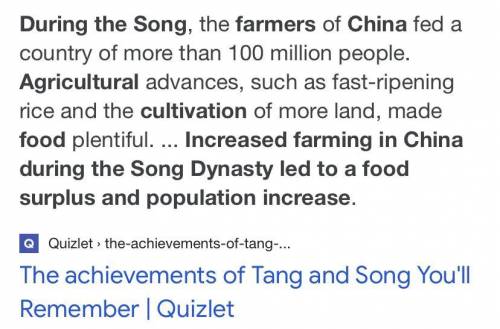 Increased farming in China during the Song Dynasty led to a food surplus and population increase.