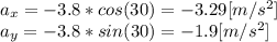 a_{x}=-3.8*cos(30) = -3.29 [m/s^{2}]\\ a_{y}=-3.8*sin(30) = -1.9 [m/s^{2}]