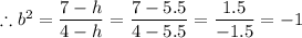 \therefore b^{2} =\dfrac{7 - h}{4 - h}  =\dfrac{7 - 5.5}{4 - 5.5} = \dfrac{1.5}{-1.5} = -1