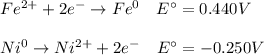 Fe^{2+}+2e^-\rightarrow Fe^0\ \ \ E\°=0.440V\\\\Ni^0\rightarrow Ni^{2+}+2e^-\ \ \ E\°=-0.250V