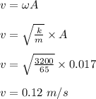 v = \omega A\\\\v = \sqrt{\frac{k}{m} } \times A\\\\v = \sqrt{\frac{3200}{65} } \times 0.017\\\\v = 0.12 \ m/s