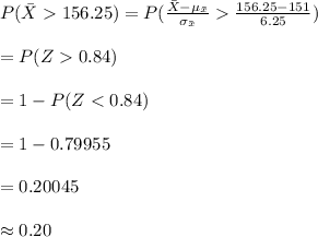 P(\bar X  156.25)=P(\frac{\bar X-\mu_{\bar x}}{\sigma_{\bar x}}\frac{156.25-151}{6.25})\\\\=P(Z0.84)\\\\=1-P(Z