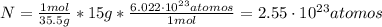 N = \frac{1 mol}{35.5 g}*15 g*\frac{6.022 \cdot 10^{23} atomos}{1 mol} = 2.55 \cdot 10^{23} atomos
