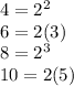 4=2^2\\6=2(3)\\8=2^3\\10=2(5)