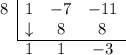 \begin{array}{c|ccc}8 & 1 & -7 & -11 \\ & \downarrow & 8 & 8 \\ \cline{2-4} \multicolumn{1}{c}{} & 1 & 1 & -3\end{array}