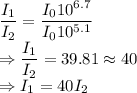 \dfrac{I_1}{I_2}=\dfrac{I_010^{6.7}}{I_010^{5.1}}\\\Rightarrow \dfrac{I_1}{I_2}=39.81\approx 40\\\Rightarrow I_1=40I_2