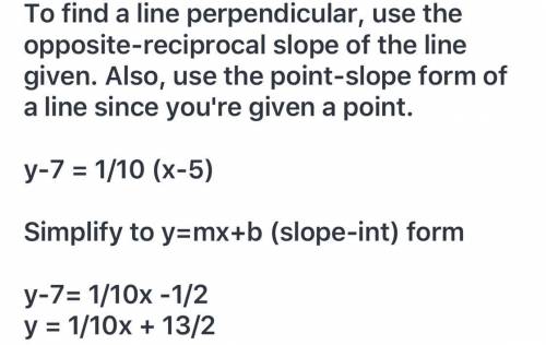 Which of the folllowing is the equation of a line perpendicular to the line y=-10x+1, passing throug