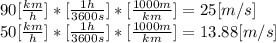90[\frac{km}{h} ]*[\frac{1h}{3600s} ]*[\frac{1000m}{km} ]=25[m/s]\\50[\frac{km}{h} ]*[\frac{1h}{3600s} ]*[\frac{1000m}{km} ]=13.88[m/s]