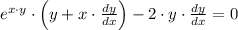 e^{x\cdot y}\cdot \left(y+x\cdot \frac{dy}{dx} \right)-2\cdot y \cdot \frac{dy}{dx} = 0