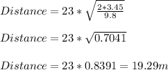 Distance=23*\sqrt{\frac{2*3.45}{9.8} } \\\\Distance=23*\sqrt{0.7041} \\\\Distance=23*0.8391=19.29m