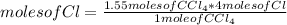 moles of Cl=\frac{1.55 moles of CCl_{4} *4 moles of Cl}{1 mole of  CCl_{4} }