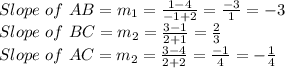 Slope\ of\ AB = m_1 = \frac{1-4}{-1+2} = \frac{-3}{1} = -3\\Slope\ of\ BC = m_2 = \frac{3-1}{2+1} = \frac{2}{3}\\Slope\ of\ AC = m_2 = \frac{3-4}{2+2} = \frac{-1}{4} = -\frac{1}{4}