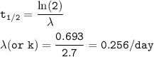 \tt \displaystyle t_ {1/2} = {\dfrac {\ln (2)} {\lambda}}\\\\\lambda(or~k)=\dfrac{0.693}{2.7}=0.256/day