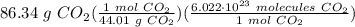 86.34 \ g \ CO_2(\frac{1 \ mol \ CO_2}{44.01 \ g \ CO_2} )(\frac{6.022 \cdot 10^{23} \ molecules \ CO_2}{1 \ mol \ CO_2} )