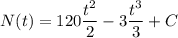 \displaystyle N(t)=120\frac{t^2}{2}-3\frac{t^3}{3}+C