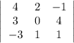 \left|\begin{array}{ccc}4&2&-1\\3&0&4\\-3&1&1\end{array}\right|