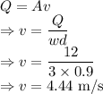 Q=Av\\\Rightarrow v=\dfrac{Q}{wd}\\\Rightarrow v=\dfrac{12}{3\times 0.9}\\\Rightarrow v=4.44\ \text{m/s}