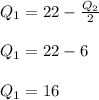 Q_1= 22- \frac{Q_2}{2}\\\\Q_1= 22-6\\\\Q_1=16\\\\