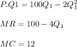P.Q1= 100Q_1-2Q_1^{2}\\\\MR= 100-4Q_1\\\\MC= 12\\
