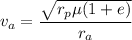 $v_a=\frac{\sqrt{r_p \mu (1+e)}}{r_a}$