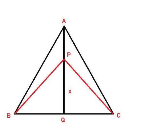 The isosceles triangle below has height AQ of length 3 and base BC of length 2. A point P may be pla