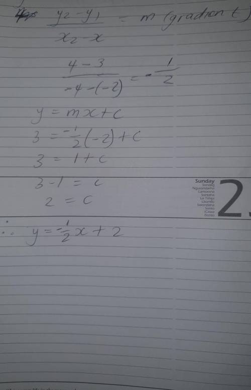Write the equation of a line that passes through the points (-2, 3) and (-4, 4) in slope intercept f
