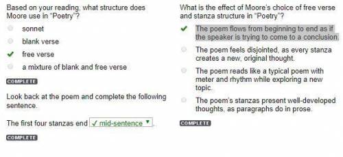 Based on your reading, what structure does Moore use in “Poetry”? sonnet blank verse free verse a mi