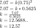 7.07 =  k (0.75)^2\\7.07 = k * 0.5625\\k = \frac{7.07}{0.5625}\\k = 12.5688..\\k = 12.57