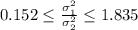 0.152   \le \frac{\sigma_1^2}{\sigma_2^2} \le 1.835