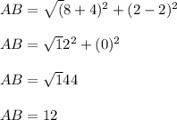 AB= \sqrt (8+4)^2+(2-2)^2\\\\AB= \sqrt 12^2+(0)^2\\\\AB= \sqrt144\\\\AB=12