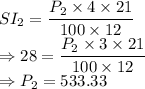 SI_2=\dfrac{P_2\times 4\times 21}{100\times 12}\\\Rightarrow 28=\dfrac{P_2\times 3\times 21}{100\times 12}\\\Rightarrow P_2 = 533.33