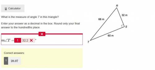 What is the measure of angle T in this triangle? Enter your answer as a decimal in the box. Round on
