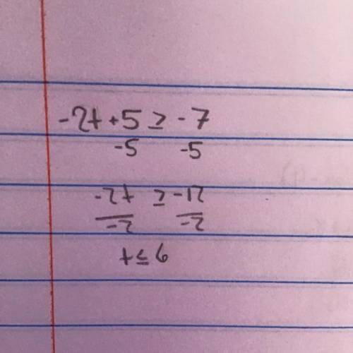 PLEASE HELP ME

Solve -2t + 5 ≥ -7. 
t ≤ 6
t ≤ -6
t ≥ 6
t ≥ -6