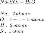 Na_{2}SO_{4} + H_{2}O\\&#10;\\ &#10;Na: \: 2 \: atoms\\ &#10;O: \: 4 + 1 = 5 \: atoms\\ &#10;H: \: 2 \: atoms\\ &#10;S: \: 1 \: atom