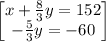 \begin{bmatrix}x+\frac{8}{3}y=152\\ -\frac{5}{3}y=-60\end{bmatrix}
