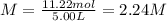 M=\frac{11.22mol}{5.00L}=2.24M