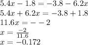 5.4x-1.8=-3.8-6.2x\\5.4x+6.2x=-3.8+1.8\\11.6x=--2\\x=\frac{-2}{11.6} \\x=-0.172\\