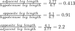 \frac{adjacent\ leg \ length}{hypotenuse\ leg \ length} = \frac{2.77}{6.7}=0.413\\\\\frac{opposite\ leg \ length}{hypotenuse\ leg \ length}=\frac{6.1}{6.7}=0.91   \\\\\frac{opposite\ leg \ length}{adjacent\ leg \ length}=\frac{6.1}{2.77}=2.2