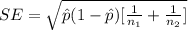 SE  = \sqrt{\^ p (1- \^ p ) [ \frac{1}{n_1} + \frac{1}{n_2}  ]}